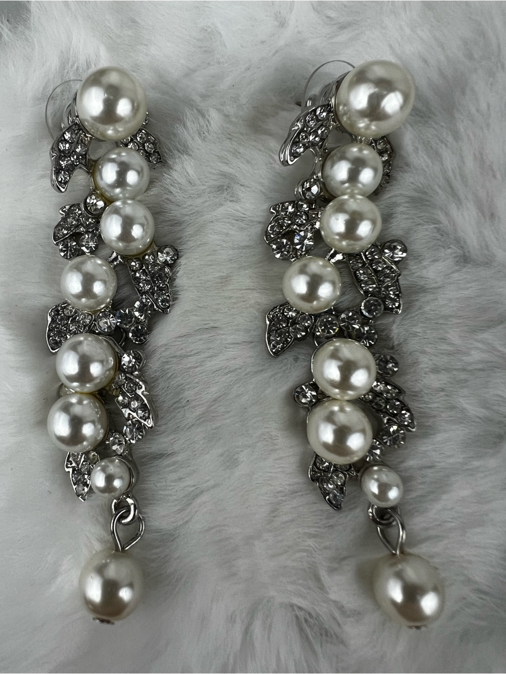 Elegant Silver Faux Pearl Crystal Cascading Chandelier Earrings